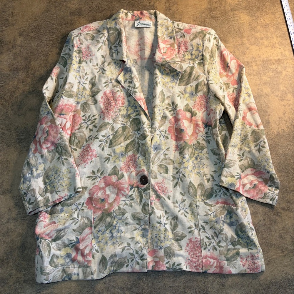 Joanna Floral Blazer Womens Large‎ Multicolor Linen Blend Vintage Made in USA